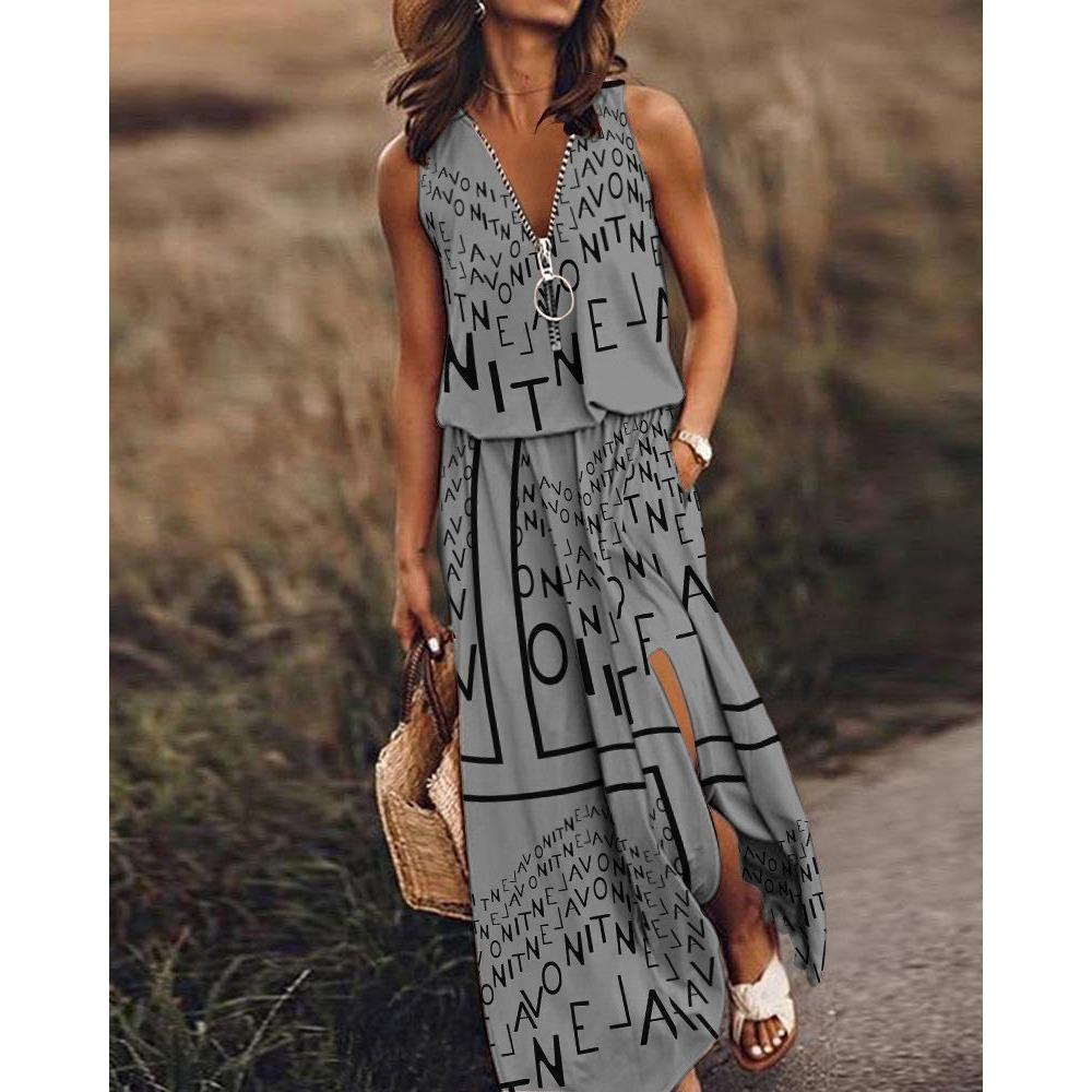 Women's Fashion Summer Spring Solid Color Print Sleeveless zip collar High Waist Casual Dresses