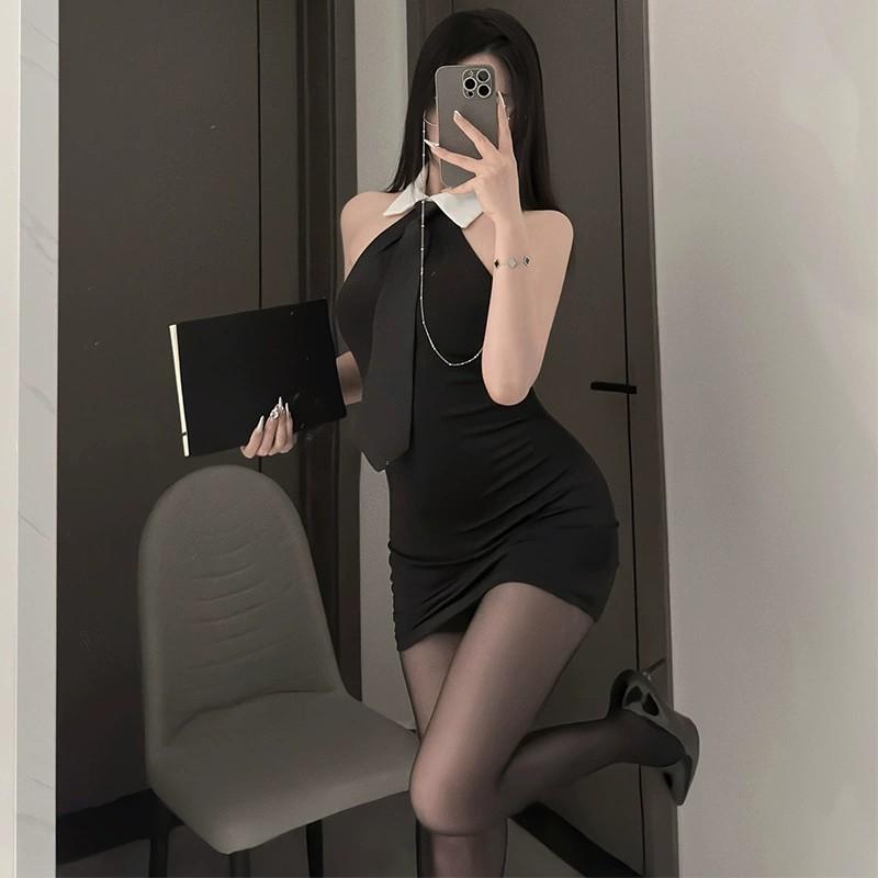 Erotic New French Style Sexy Lapel Backless Secretary Uniform Women Pure Desire Cinching Waist Slim Wrap Hip Short Dress