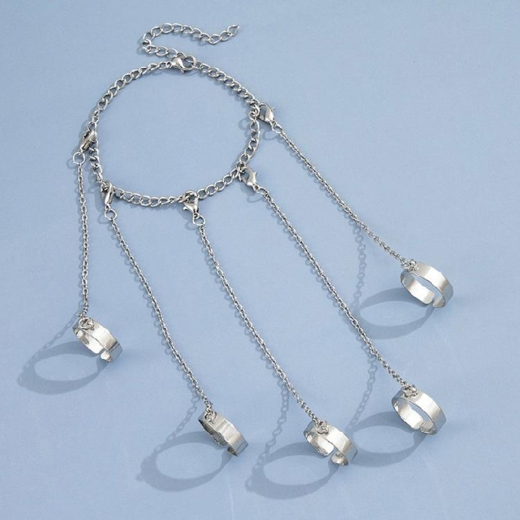 Punk Layered Chain Tassels Bracelet with Finger Rings Gothic Hand Harness Bohemianm Wrist Chain Hand Jewelry Halloween