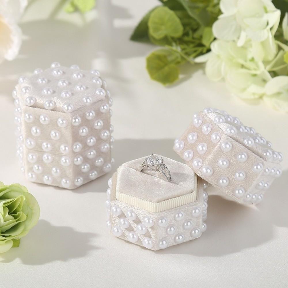Pearl Velvet Ring Box 2/3 Slots Hexagon Elegant Jewelry Box with Detachable Lid Wedding Decor Rings Display Holder