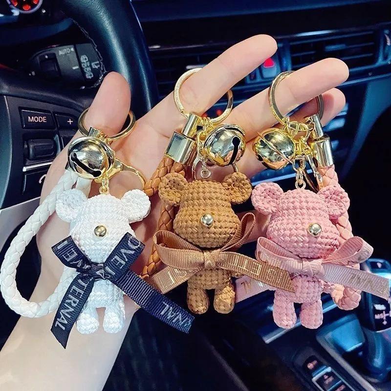 Trendy Knitted Bear Keychain Figurine - Women's Cartoon Backpack & Car Ornament Gift