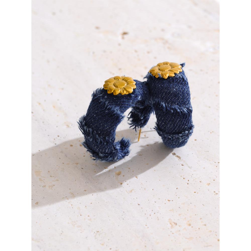 Eetit Creative Blue Denim Flower C Shape Hoop Earrings Women Stainless Steel Popular Jewelry Autumn & Winter New 2025 Wholesale
