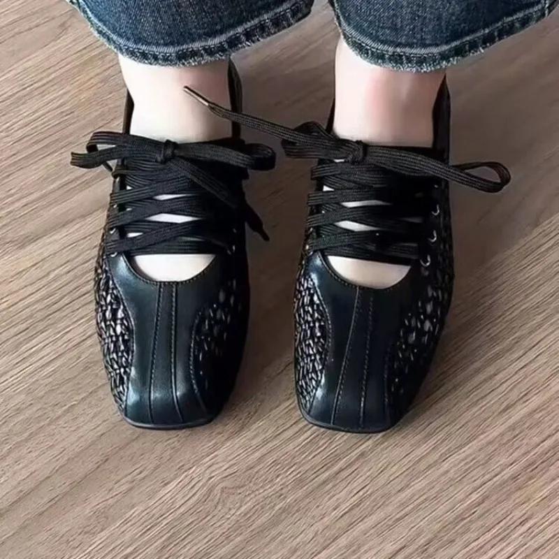 

Мода 2025 Новые сетчатые сандалии-балетки Женские туфли Мэри Джейн с квадратным носком Полые лоферы Летние неглубокие повседневные кроссовки 40 чёрный