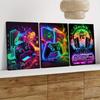 3PC 2D Flat Neon Game Theme Canvas Decorative Painting, Modern Esports Room Wall Decoration, Controller/Host Element Art Wall Ha