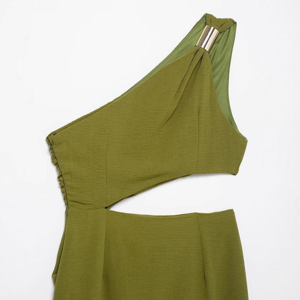 Women's Gold Embellished Asymmetrical Midi Dress - 2025 Spring European & American Style