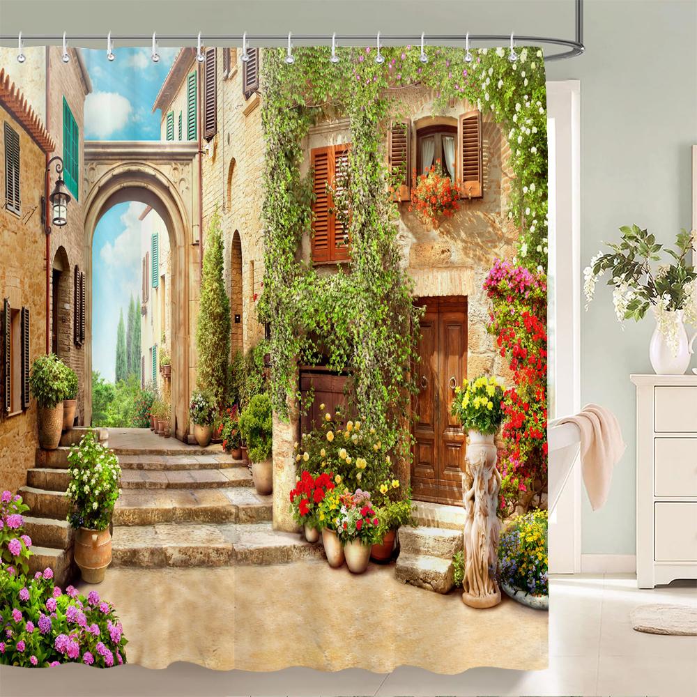 Country Garden Natural Flowers Scenery 3D Print Polyester Fabric Waterproof Shower Curtains Bathroom Curtain 180*200 with Hooks