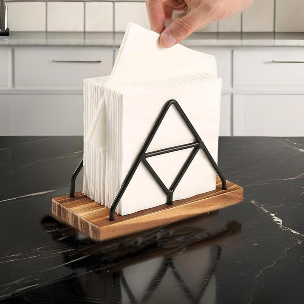 Contemporary Serviette Storage Case Modern Table Napkin Stand Functional Triangular Wood Steel Kitchen Accessory