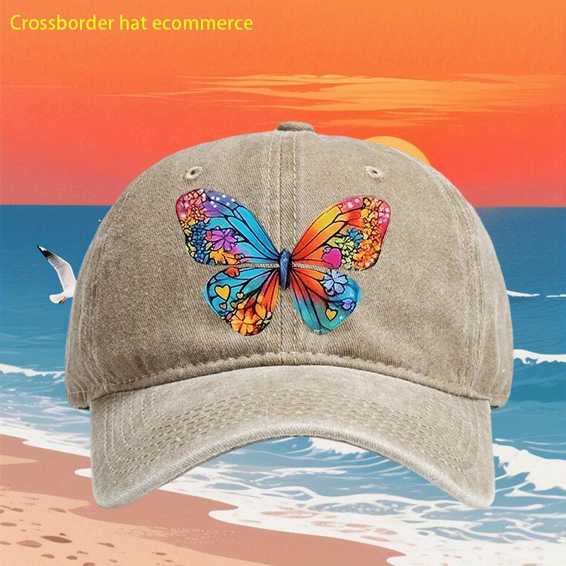 Colorful Butterfly Print Washed Baseball Cap Retro Style Polyester Adjustable Casual Outdoor Hat Unisex