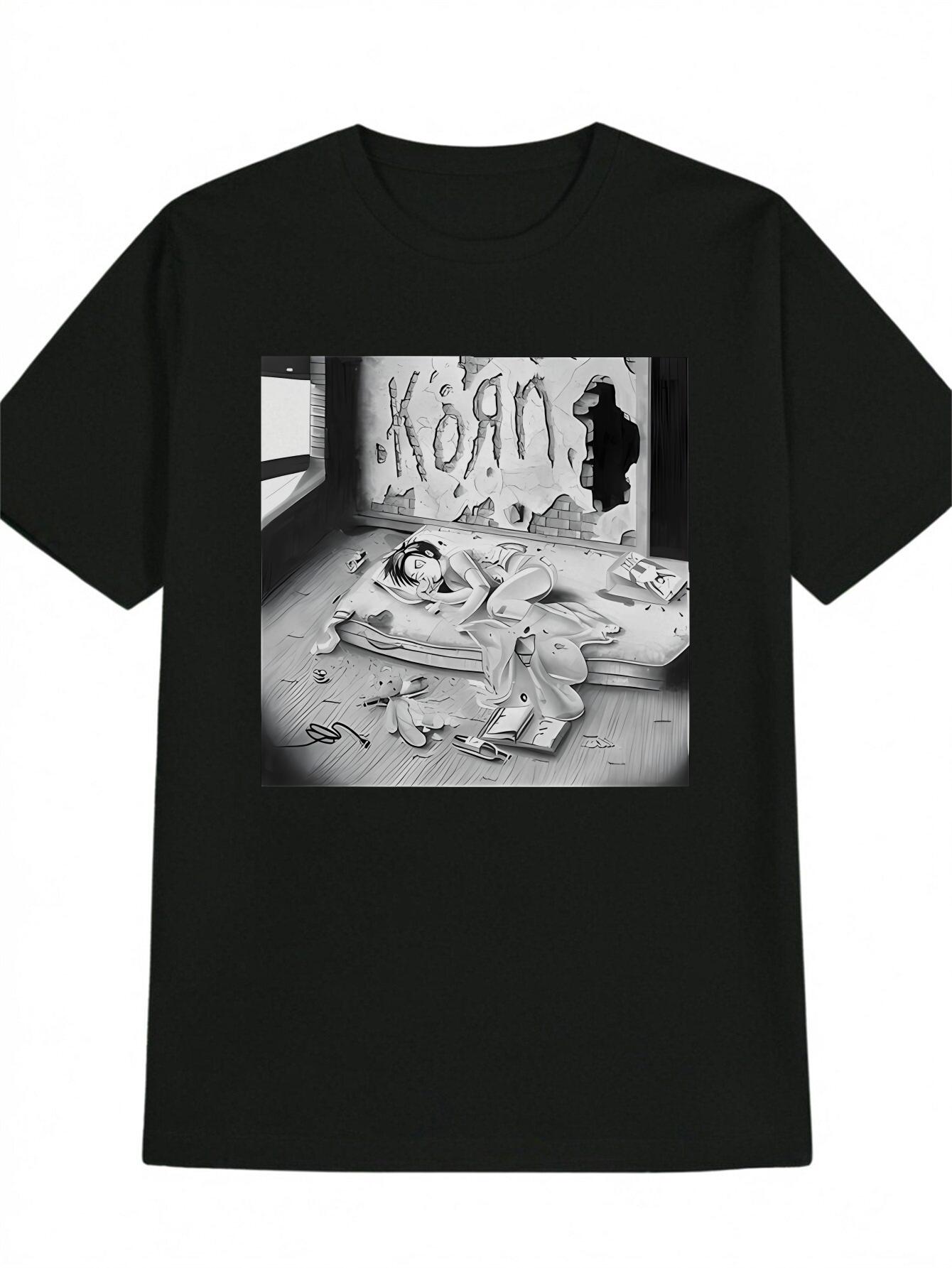 Casual Short Sleeve T-shirt with Girl & KORN Graphic Print - Black Round Neck Summer Tee S