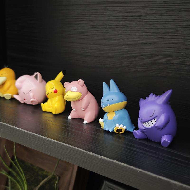 6Pcs Pokemon Tilting Head Gengar Snorlax Pikachu Jigglypuff Rowlet Figure Set Desktop Decoration Doll Boy Toys Collectible Gift