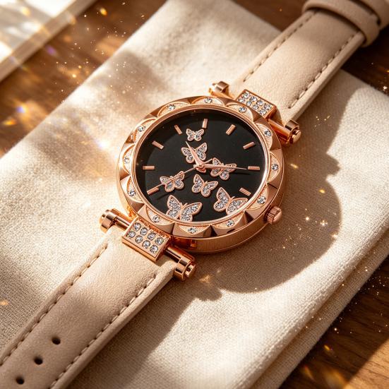 Ladies Butterfly Watch Artificial Leather Strap Quartz Watch Rhinestone Round Dial Fashionable Wristwatch for Women Party Office Date
