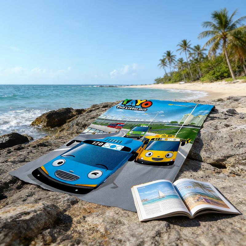 1pc Tayo The Little Bus1 Beach Towel, Beach and Seaside Swimming Pool Equipment, Fashion Pattern, Rectangular, Travel Essentials