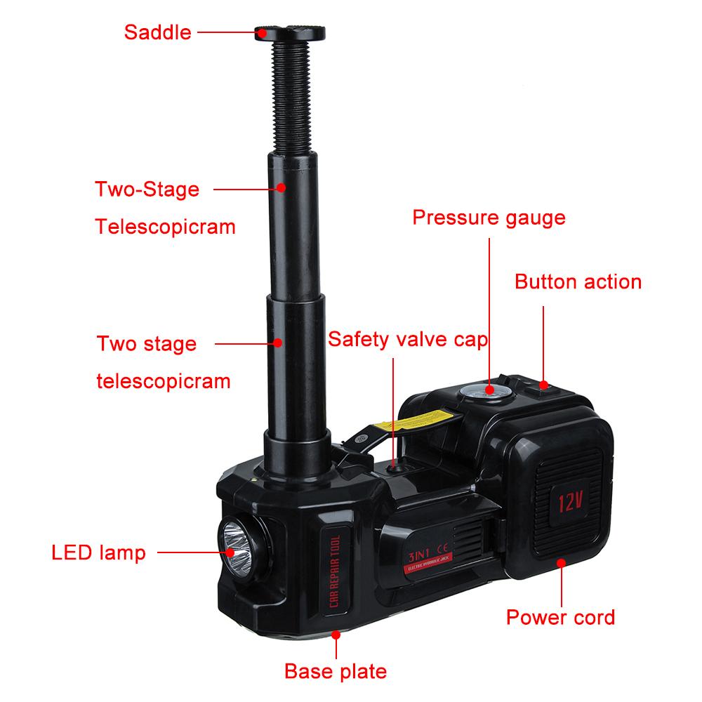 Car Jack 5T Electric Hydraulic Floor Jack Tire Inflator Pump LED Light Electric Impact Wrench Car Repair Tool 45cm 3 in 1 150W DC 12v
