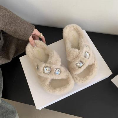 Neue Mode Pelz Hausschuhe Damen Warm Plüsch Pantoletten Flats Mittelhohe Absätze Damenschuhe Einfarbig Bling Plateau Hausschuhe Schuhe Zapatos Mujer