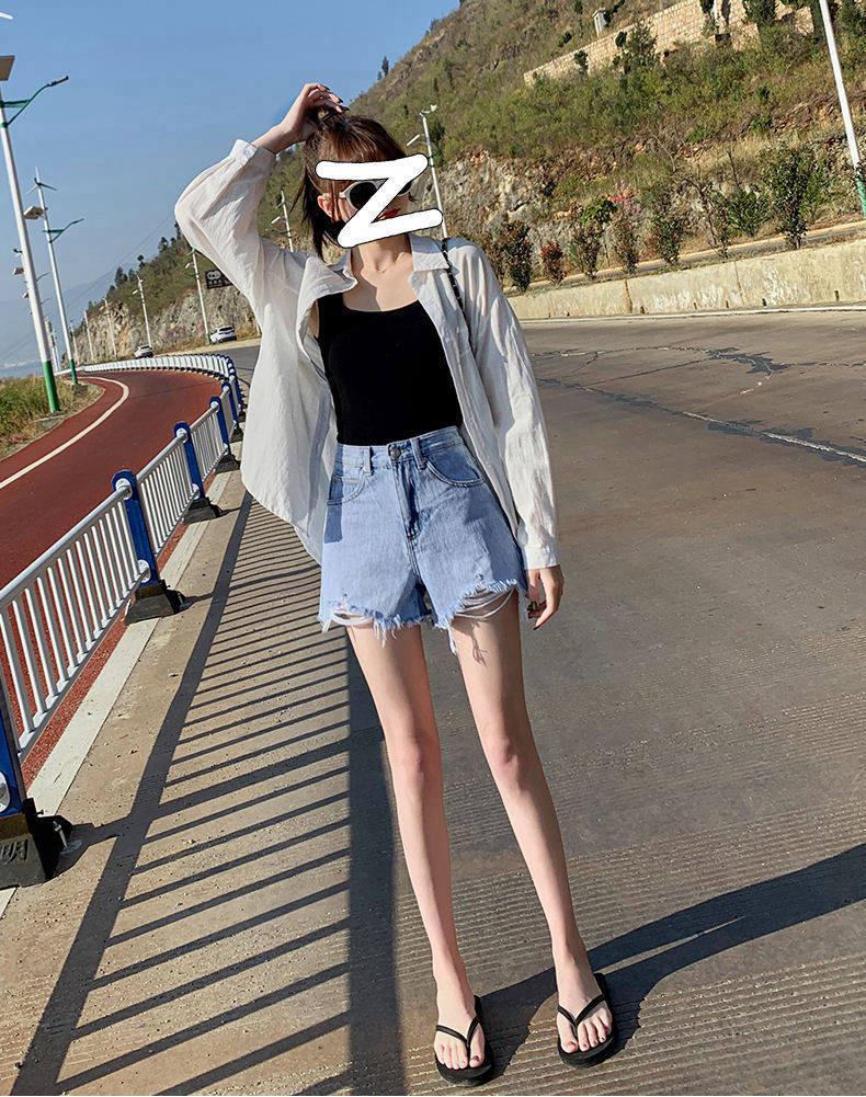 Women's High-Waisted Denim Shorts - Slimming, Versatile, Korean Style, Ripped, Loose, Wide-Leg, A-Line Hot Pants