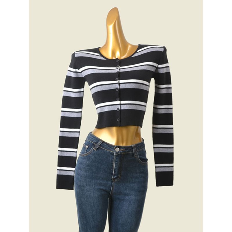 Domestic Counter Brand UJIA American Color Matching High Waist Small Cardigan Preppy Style Slimming Long Sleeves Sexy Knitting Tops
