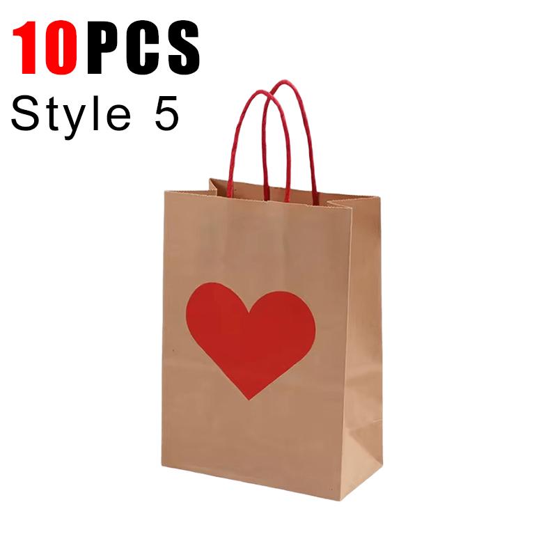 10PCS Heart Patterns Kraft Paper Bag with Handle Valentine's Day Gift Packaging Tote Romantic Bags Party Wedding Accessories ZYF