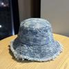 Japanese-style women's fashion woven bow denim bucket hat, washed, sun-blocking, sun-protective, suitable for travel and street fashion, with frayed