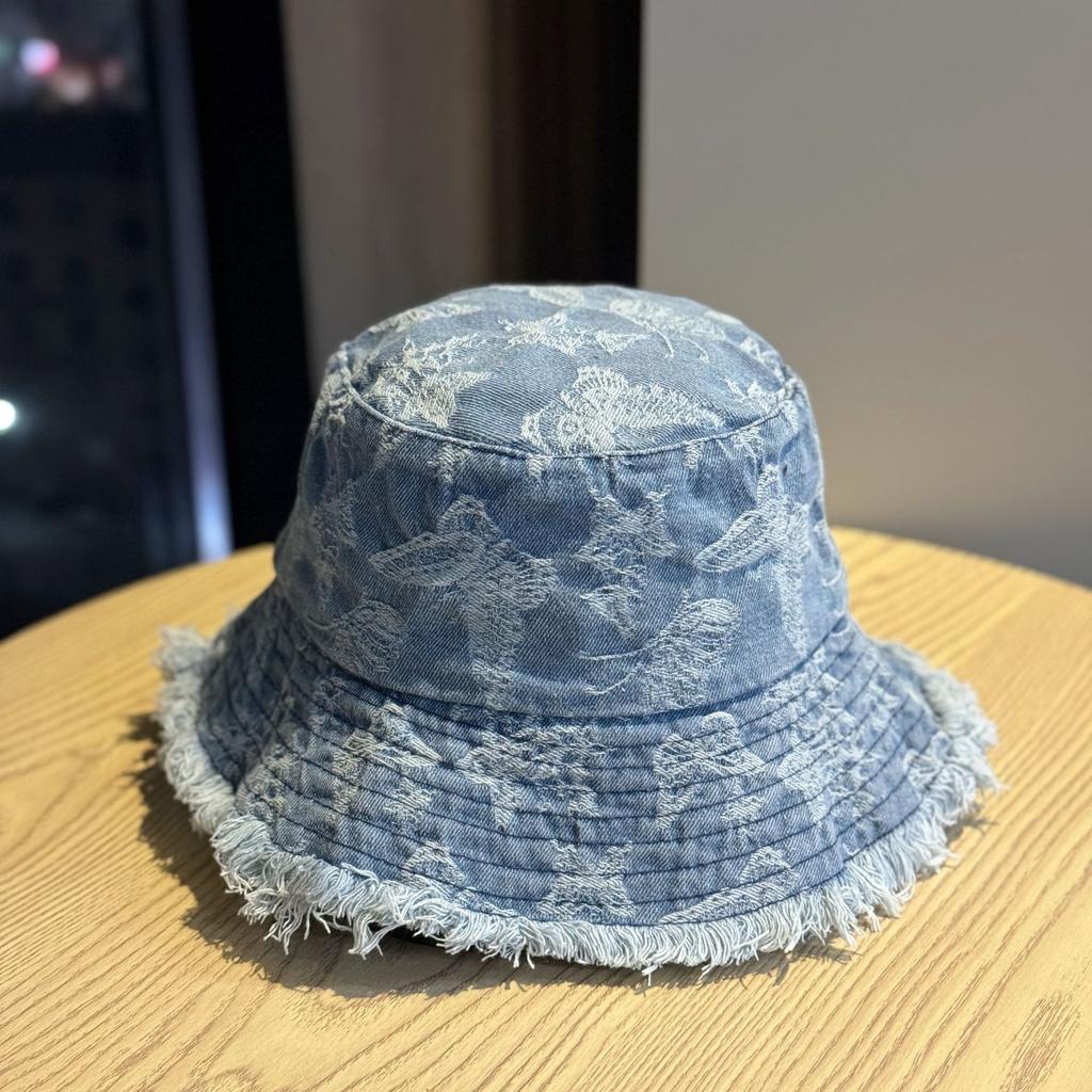 Japanese-style women's fashion woven bow denim bucket hat, washed, sun-blocking, sun-protective, suitable for travel and street fashion, with frayed