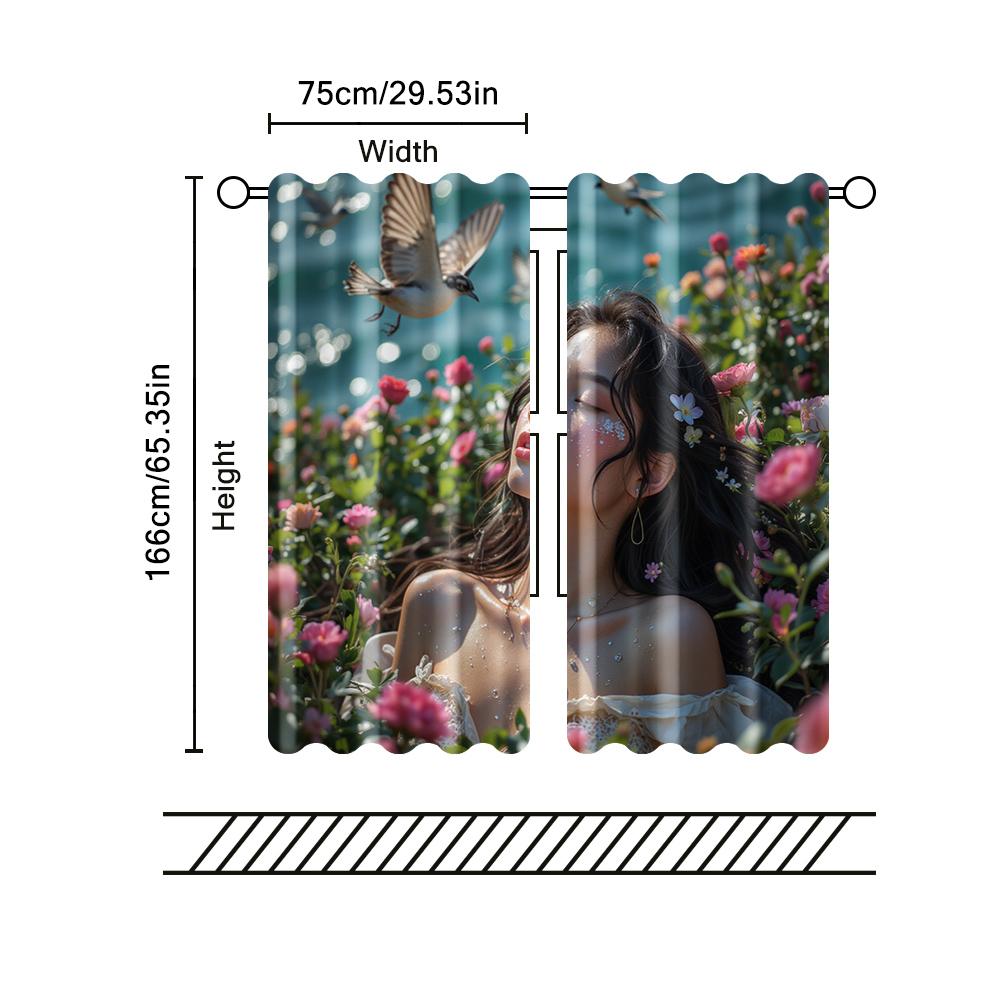 2 Pcs   Filtering Curtains (excluding Rods   Non-movable   Without Batteries) Floral Woman for Use In Bedrooms and Living Rooms