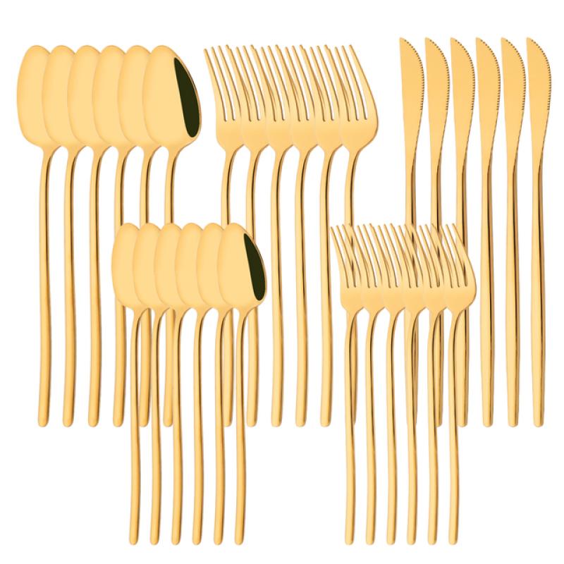 White Gold 30Pcs Dinnerware Set Knife Dessert Fork Spoon Tableware Cutlery Set 18/10 Stainless Steel Flatware Silverware Sets