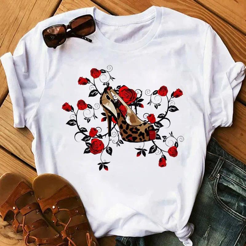 Women's Summer Short Sleeve T-shirt Casual Tops T Shirt Harajuku New Fashion High Heels Personalized Printed