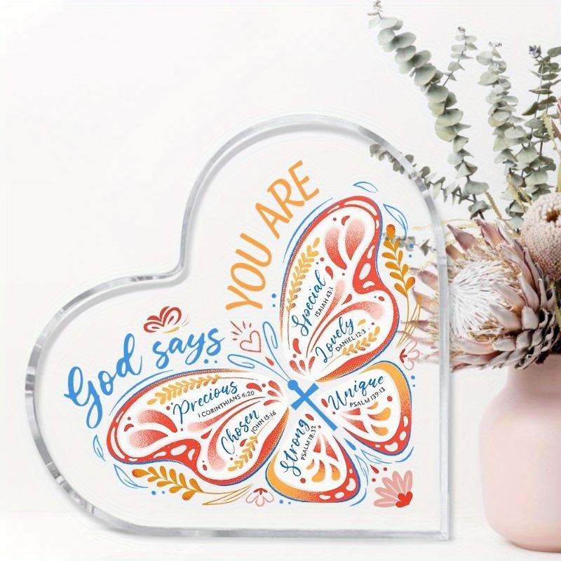 2D Flat, Christian Bible Verse Heart Acrylic Tabletop Decor Plaque, Butterfly Design, Home Decor Plaque Hanging Wall Art Decorative Garden Decoration