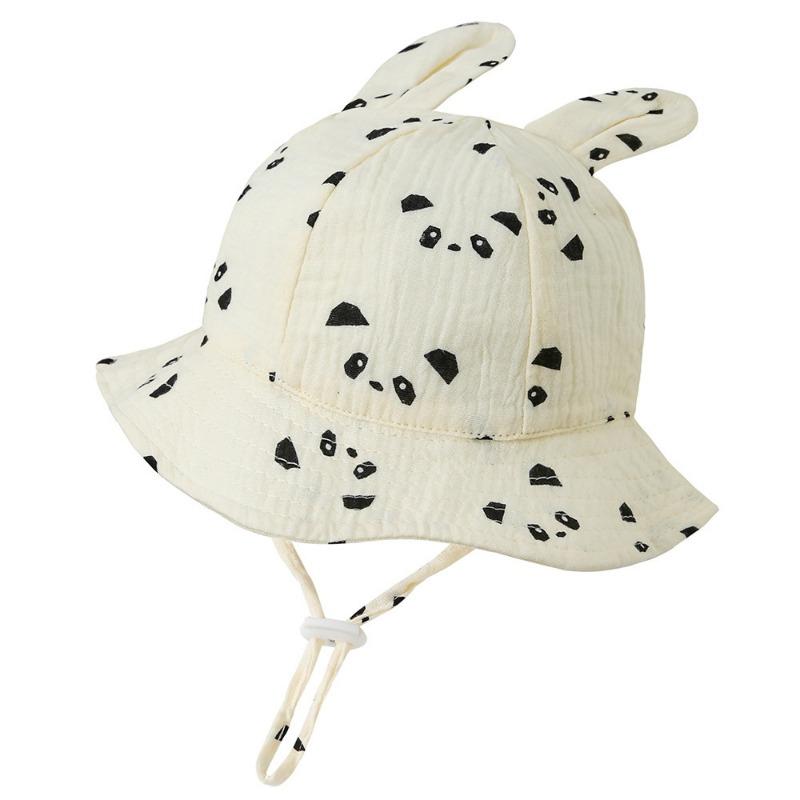 New Baby Gauze Basin Hat Baby Pleated Printed Bucket Hat Rabbit Ear Sun Hat 3-12M