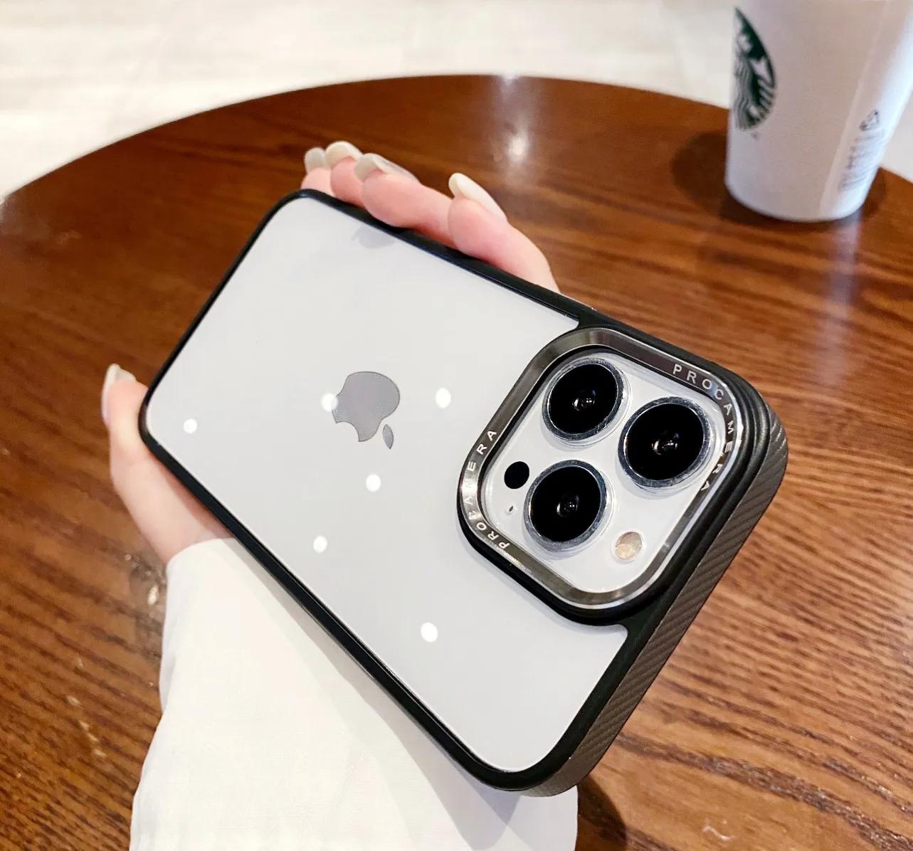 

Роскошный чехол для телефона с текстурой из углеродного волокна для iPhone 14 12 13 15 Pro Max Plus, кожаная оправа, металлическая защита линз, прозрачная крышка For iPhone 12 ProMax