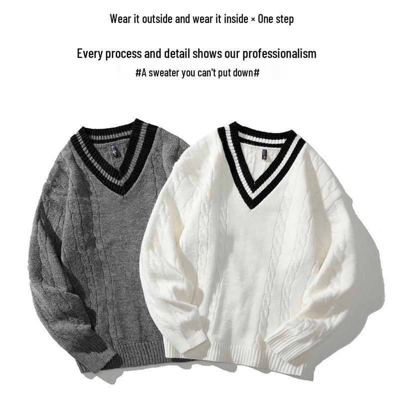 Men's Thickened V-Neck Knitted Sweater - 2024 Autumn/Winter Casual Base Layer