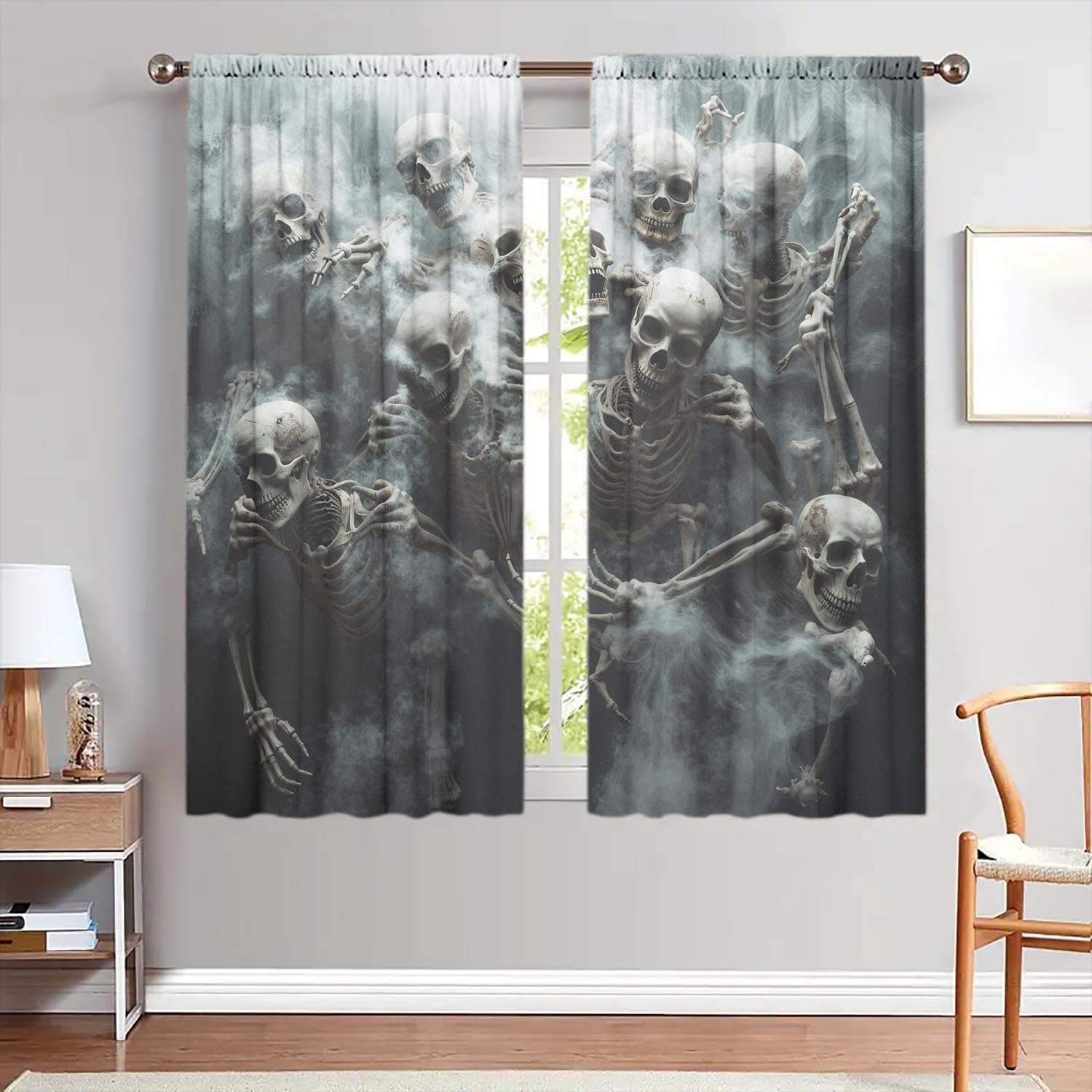 

2-Panels Terrifying Skeletons in The Smoke Printed Curtains Shade and Privacy Protection Suitable for Decorating Various Rooms 100*130 Rod Pocket 1pcs