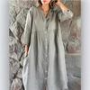Women's Solid Color Linen Cotton Stand Collar 3/4 Sleeve Single Breasted Loose Casual Midi Long Dress