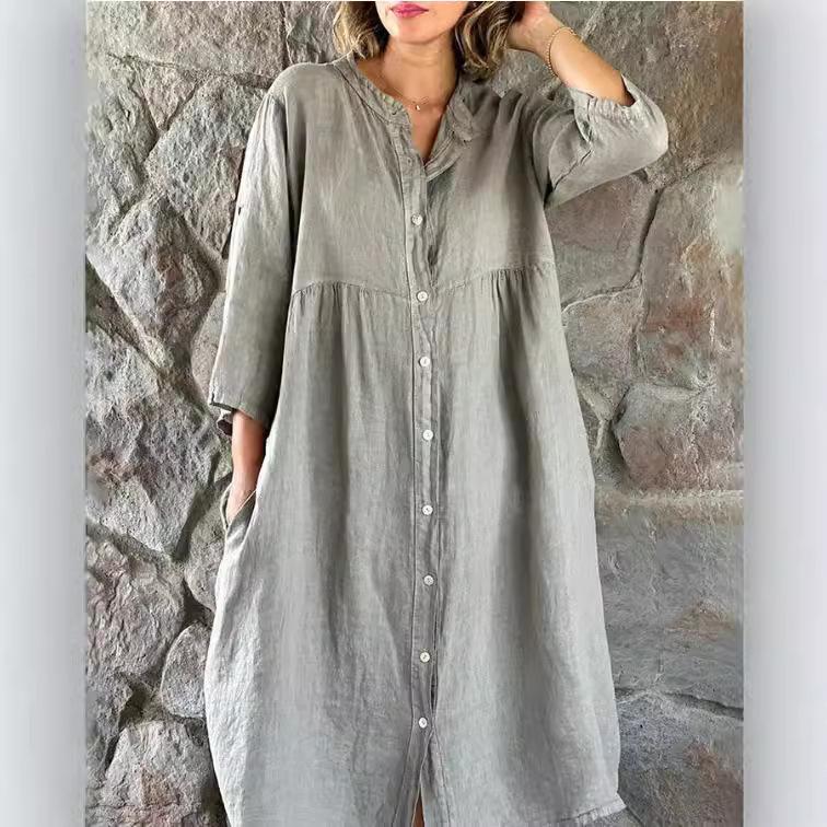 Women's Solid Color Linen Cotton Stand Collar 3/4 Sleeve Single Breasted Loose Casual Midi Long Dress