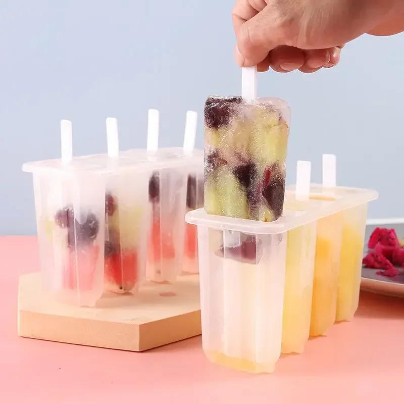 4 Hole Plastic Ice Cream Mold Magnum Mold DIY Fruit Juice Ice Pop Cube Maker Ice Tray Popsicle Mould Baking Accessories