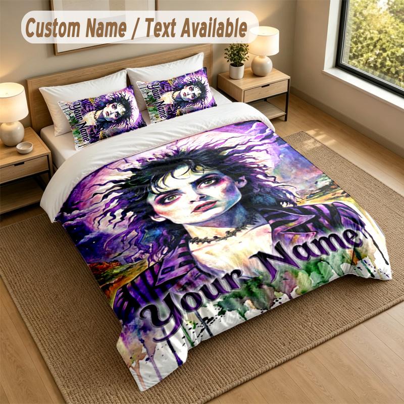 3Pcs Bedding Set Custom Name Text, 1 Sheet 2 Pillowcases Home Bed DecorBeetlejuice Lydia Deetz