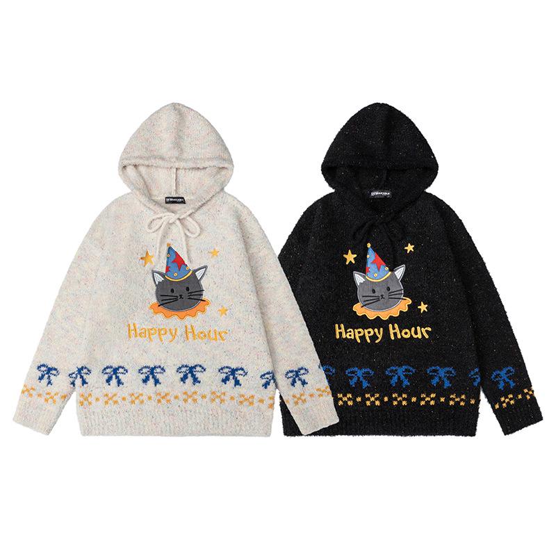 2025 Unisex Cat Embroidery Knit Hoodie - Autumn Loose Fit