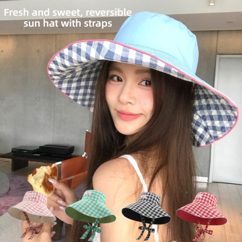 1pc Retro Ins Sweet Plaid Tie Strap Bucket Hat for Women,Summer Big Brim Double Sided Sun Caps Travel Versatile Fisherman Hats