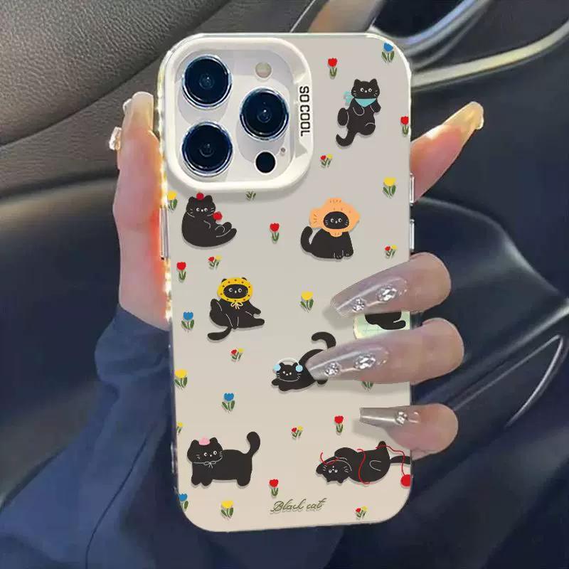 Cute Cartoon Black Cat Tulip Floral Clear Phone Case, Kawaii Aesthetic Soft Shockproof Protective Cover for iPhone