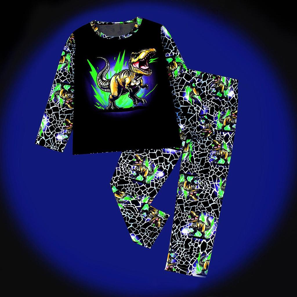 Ψηφιακό Πράσινο Φθορίζον Πυτζαμοσετ Δεινόσαυρος Αυτοκίνητο για Αγόρια και Κορίτσια - Μακρυμάνικο & Παντελόνι