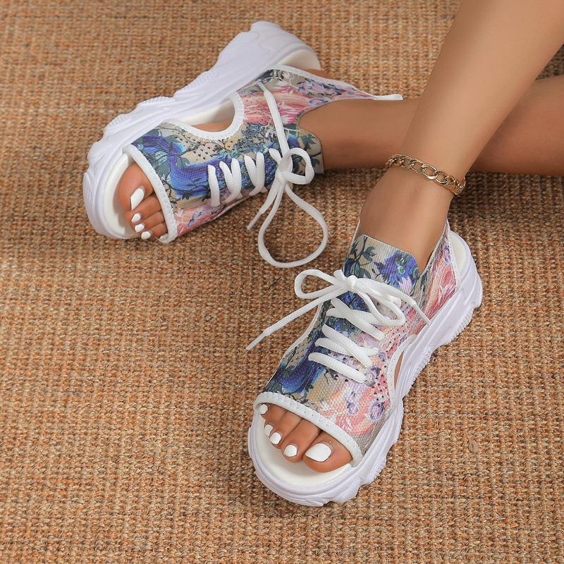 New Mesh Fly-woven Color Front Lace-up Fish Mouth Hollow Platform Sandals Casual Sandals