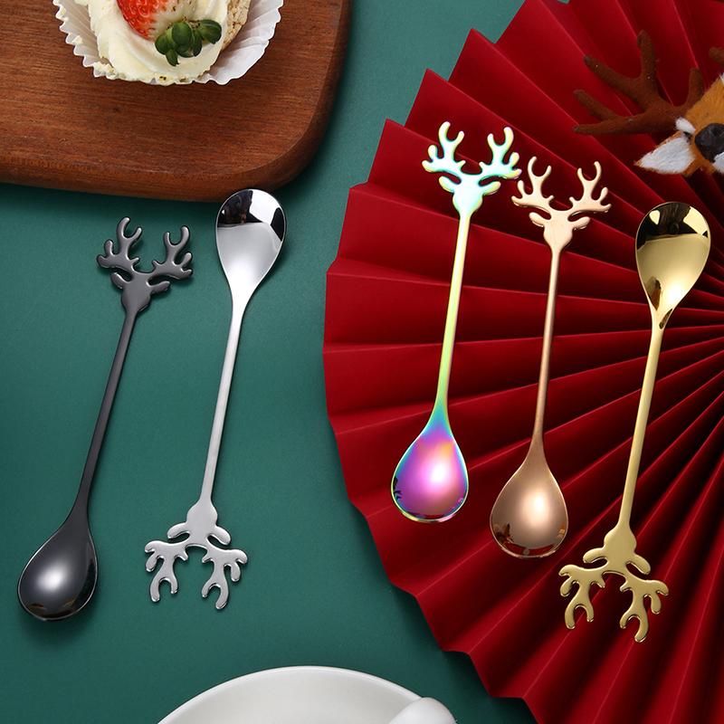 1Pc 304 Stainless Steel Cartoon Christmas Elk Spoon Cute Deer Head Mini Ice Cream Spoons Coffee Dessert Stirring Spoon Tableware