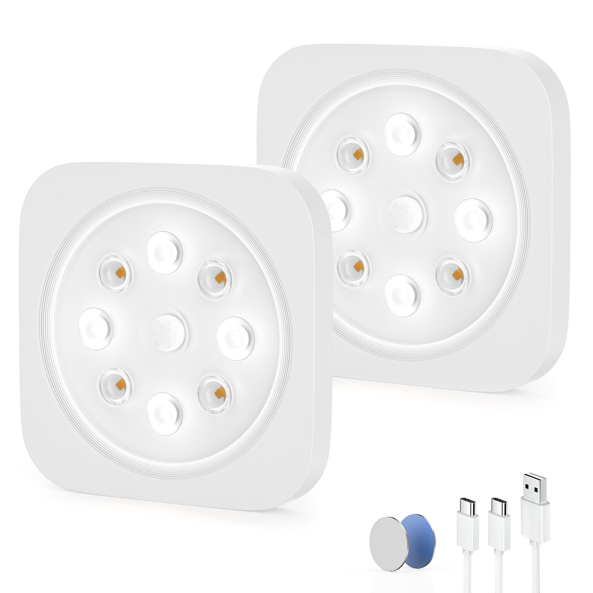 

LROLTEF Square Kitchen Light, Cabinet-Mounted, Compact LED Light, Stick-On, No Installation Required, 3 Modes, High-Capacity Sensor, Type-C Charging,