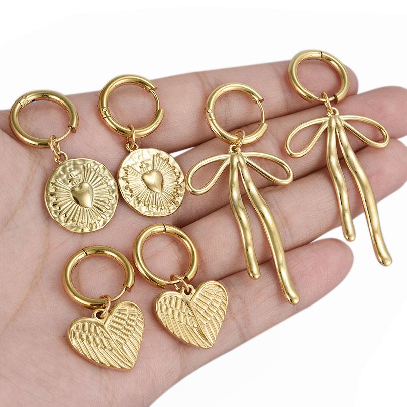 Real Gold Plated Fashion Kpop Piercing Jewelry Girl Bowknot Flower Heart Pendant Earring Stainless Steel Hoop Earrings For Women