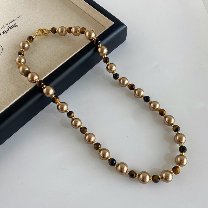 Autumn-Winter Myllard Tiger's Eye Mocha Gold Brown Pearl Necklace – Luxury Sweater Chain for Women