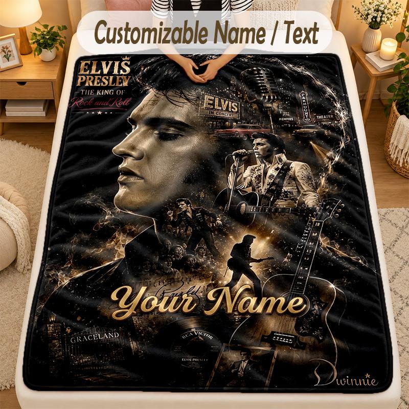Flannel BlanketElvis Presley Custom Name Text Personalized Soft Warm Throw Blanket Home Decor Gift