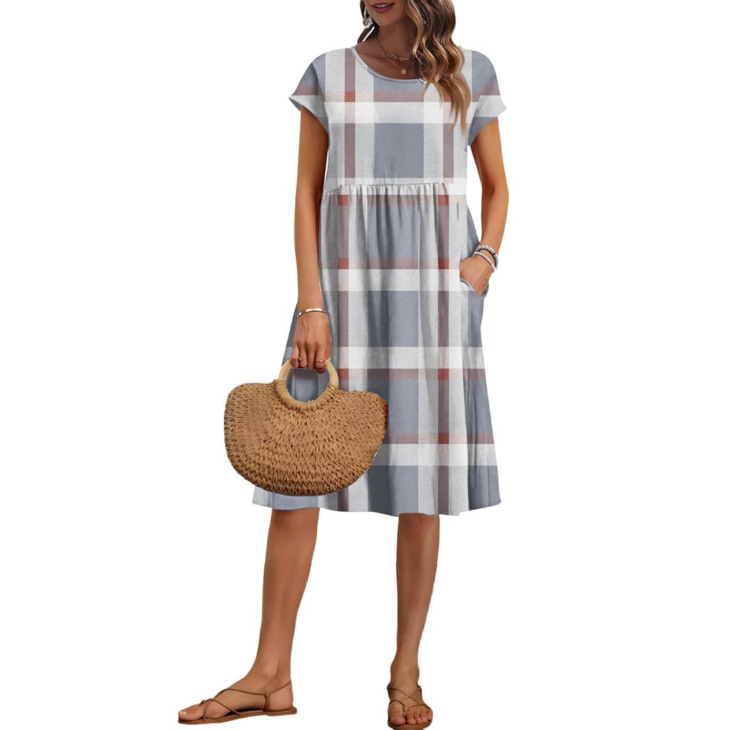 Women's Summer Fashion Casual Round Neck Short Sleeve Plaid Print Dress
