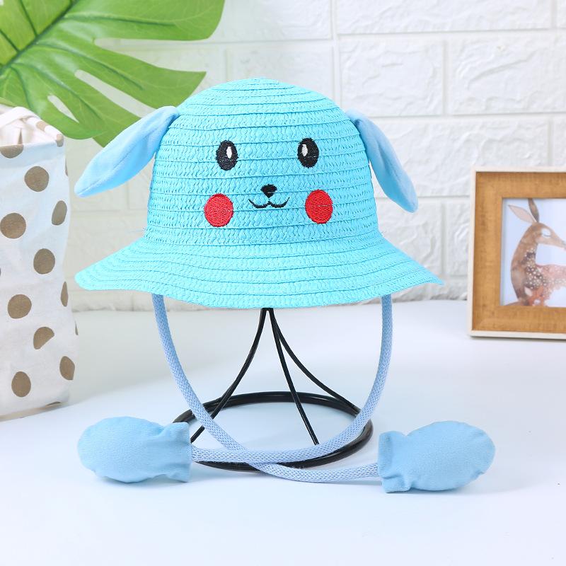 Children'S Straw Hat Summer Sun Protection Sun Hat Cute Pikachu Ears Can Move Rabbit Hat Outdoor Tourist Attractions