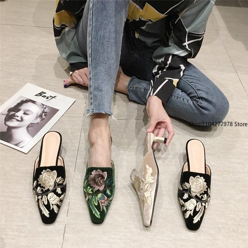 Mode Samt Stickerei Blume Pantoletten Frau Elegante Schuhe Spitz Geschlossene Zehe Hausschuhe Slipper Flats Pantoletten Damen Pantuflas Sandalen