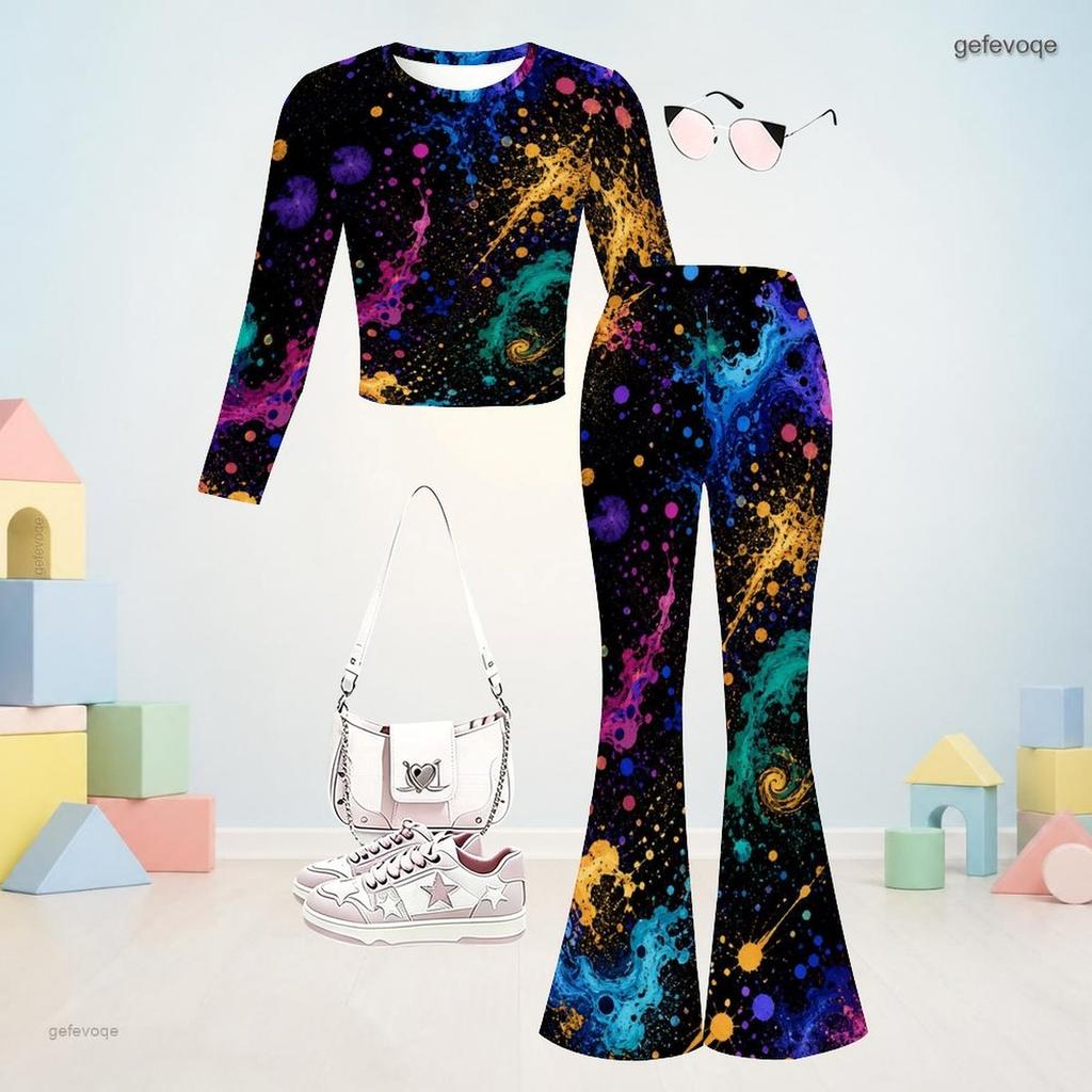 Girls Star Printed Round Neck Long Sleeve Top And Flared Pants Two Piece Outfit