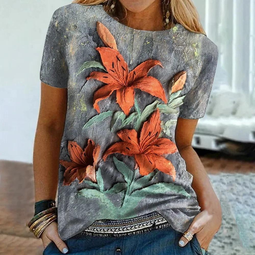 Women's colorful rose printed T-shirt, summer popular short sleeved shirt, round neck casual loose T-shirt, streetwear
